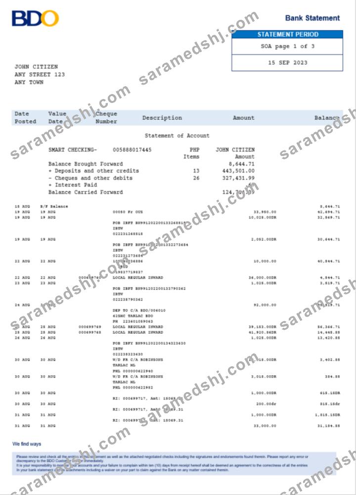 Philippines BDO bank statement Word and PDF, version 2